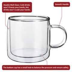 Vinsani Double Walled Coffee Drink Glasses Tea Cup Mug Heat Cold Resistant Aesthetic Clear Borosilicate Glass with Handle Cappuccino Latte Tea Dessert Hot and Cold Drinks
