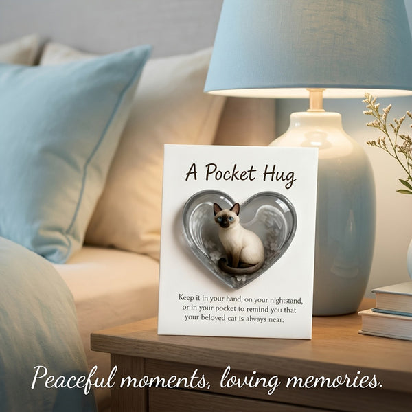 1Pcs Cat Memorial A Pocket Hug，Emotional Support Heart-Shaped Cat Charm Keepsake Figurines，Pocket Hug Token with Inspirational Card，Thoughtful Animal Support Gifts for Cat Lovers & Grieving Cat Owners