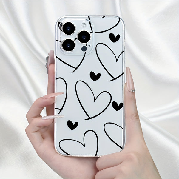 Phone Case - Clear, Straight-Edged Phone Cases Are Compatible with for Iphone 11 Through 17, Including Pro Max And Plus Versions. The Design Showcases a Prominent Heart Outlined in Lines Alongside a Solid Small Heart, Reflecting a Minimalist