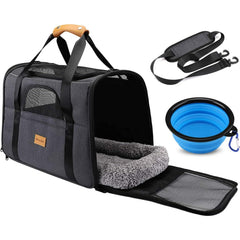 Portable Pet Carrier Bag, Top Opening, Removable Mat and Breathable Mesh, Foldable Transport Carrier for Dogs and Cats, with Shoulder Strap and Pet Bowl, Grey