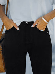 CY038 - Women's High-Waisted Stretch Street Style Solid Color Slim-Fit Fashion Metal Button Detail Casual Jeans