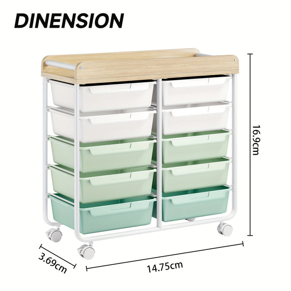 KINGRACK 10 Tier Office Rolling Storage Cart with Large Drawers, Mobile Organizer with Tabletop, Multi-Purpose Utility Cart for Home, Office, And Classroom, Easy to Move with Wheels, Storage Drawer Units
