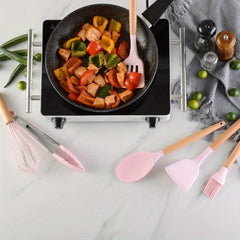 12pcs Spatula Spoon Cooking High Temperature Resistant Food Grade Silicone Household Kitchenware Spoon Spatula Set, Pink