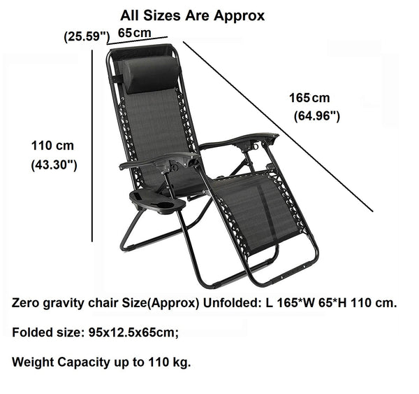 2 x Zero Gravity Reclining Garden Chair Sun Beach Lounger Recliner Outdoor Black