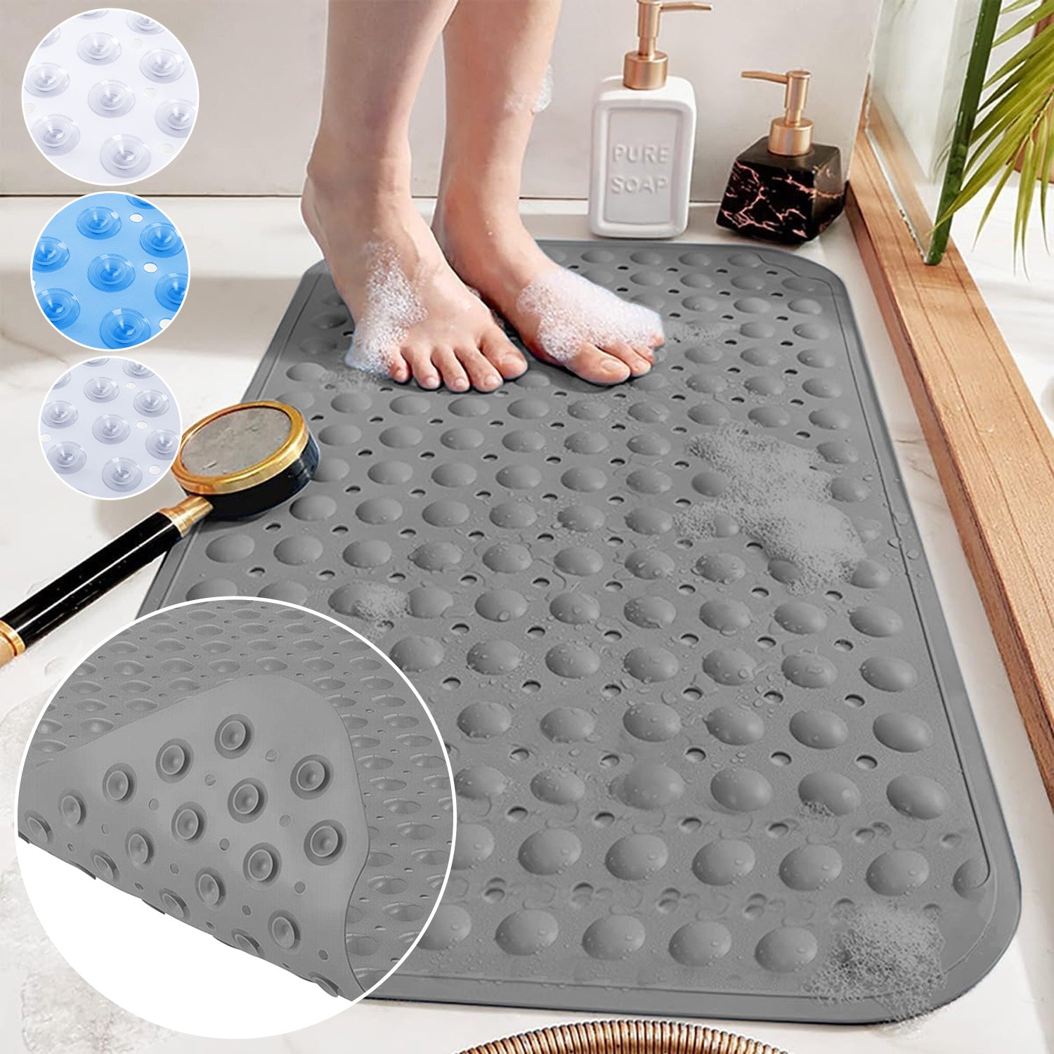 1pc Large Shower Mat – Non-Slip, Strong Suction Cups & Drain Holes, Quick-Dry, Machine Washable, Durable & Comfortable for Bathtub and Bathroom Floor Use