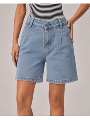 Women'S High Waisted Denim Bermuda Shorts, Light Blue Washed Knee Length Jean Shorts, Relaxed Loose Fit Summer Denim Shorts, Casual Cuffed Hem Ladies Shorts