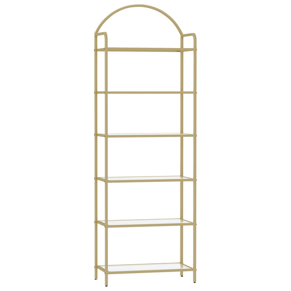6 Tier Bookcase Bookshelf, Tempered Glass Bookshelves, Slim Shelving Unit for Bedroom, Bathroom, Home Office, Steel Frame, Golden