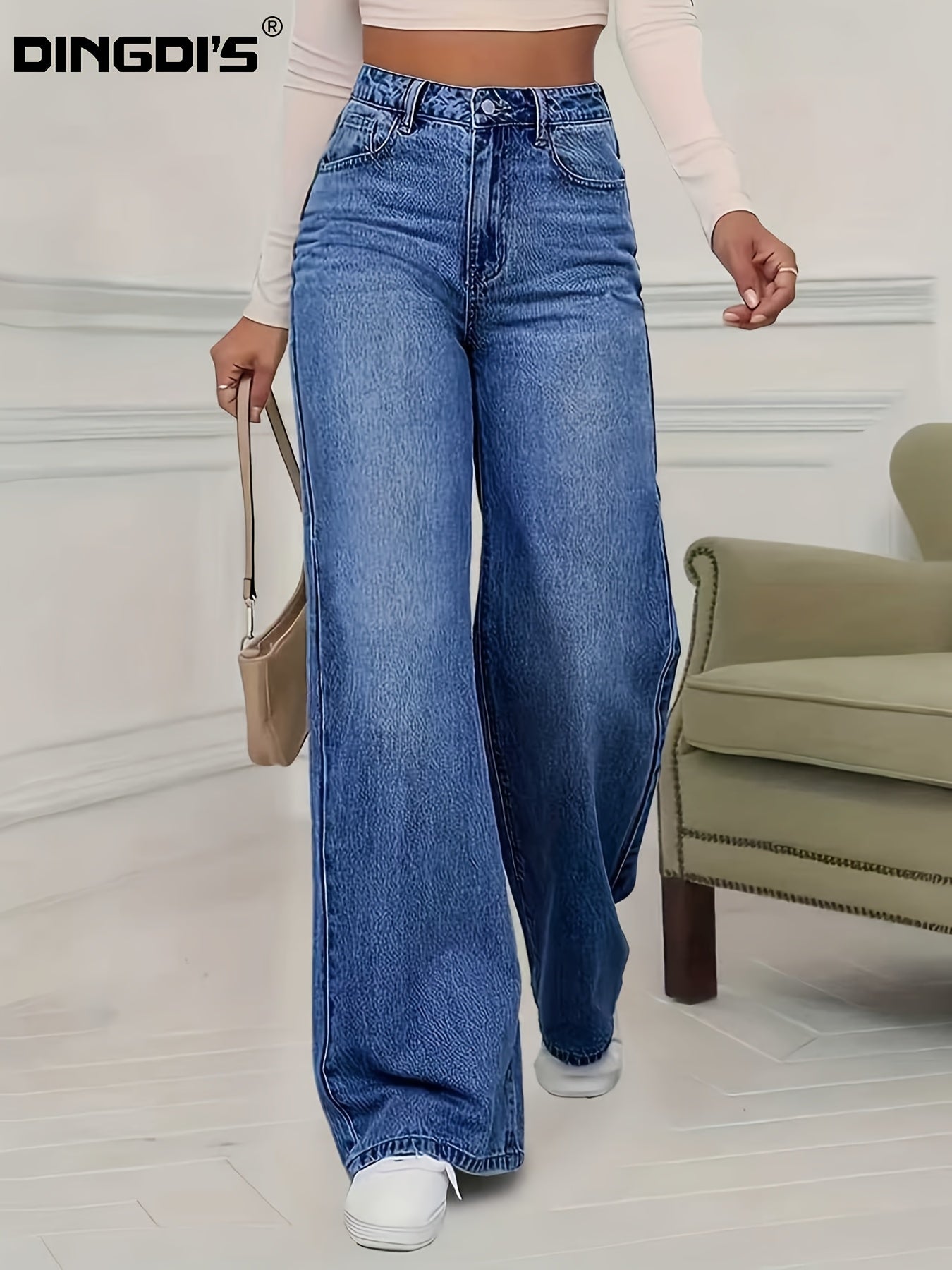 Women'S 2026 Autumn Winter New Stretch Straight-Leg Jeans, High-Waisted Loose Fit Jeans. Washed Blue Denim Trousers with Pockets, Tummy Control Comfort Pants, Elegant Ladies' Outfit, Wide Leg Casual Pants Suitable for Work, Travel And Office Wear