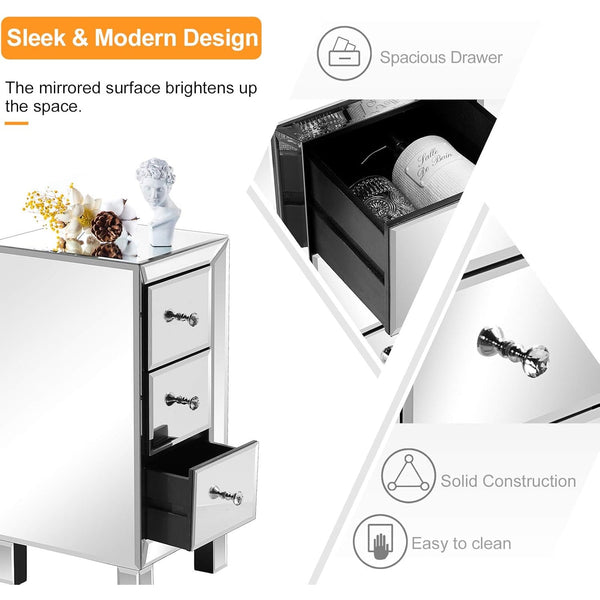 Bonnlo 3-Drawer Mirrored bedside tables for Bedroom, Living Room, Silver, 11.7