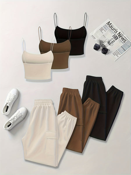 6pcs Women'S Casual Short Camisole And Elastic Waist Pocket Work Pants Set for Spring And Summer, Solid Color Everyday Outfit