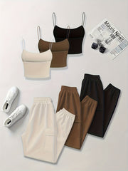 6pcs Women'S Casual Short Camisole And Elastic Waist Pocket Work Pants Set for Spring And Summer, Solid Color Everyday Outfit