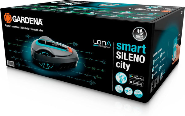 Gardena Smart SILENO City Robot Lawn Mower 500 M² Set: Innovative LONA AI Technology, Adjustment via App, Sensorcontrol, for Slopes up to 35%, Smart Gateway, Version with UK Plug(19602-68)