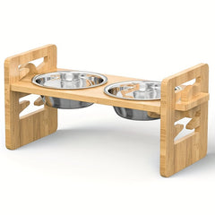 Stainless Steel Double Bowl Feeding Station with Non-Slip Bamboo Base - Ergonomic Design for Easy Access, Perfect for Dogs and Cats, Pet Feeding Station, Pet Food Storage, Modern Petware, Durable Petware