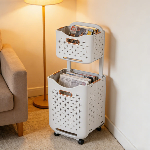 Foldable Newspaper and Magazine Holder with Wheels Multi-purpose Living Room Organisational Basket, Laundry Basket with Wheels Trolley-style Laundry Basket, Hard-wearing and Duration-proven, High Load-bearing Capacity