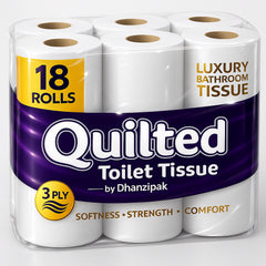 18 Rolls of 3-Ply Premium Quilted Toilet Paper | Generous Length per Roll | Luxuriously Soft, Strong & Highly Absorbent Toilet Tissue