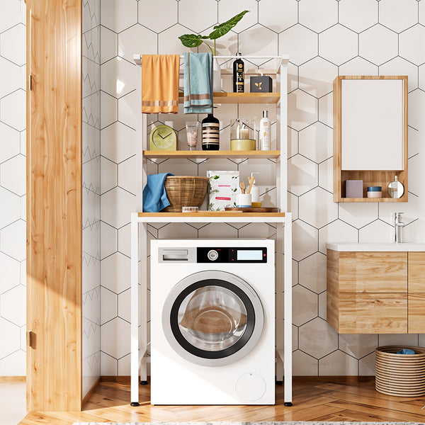 3-Tier Over Toilet Storage Rack, Freestanding Bathroom Laundry Organizer Shelf, Multi-Layer Storage Cabinet for Towels, Detergent, and Plants, White/Black