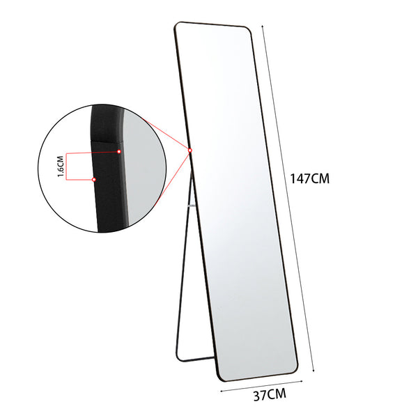 Full Length Mirror 147x37cm Aluminium Alloy Standing/Wall Rectangular Floor Mirror for Bedroom, Hallway & Dressing Room Lean, Hang or Mount (Black)