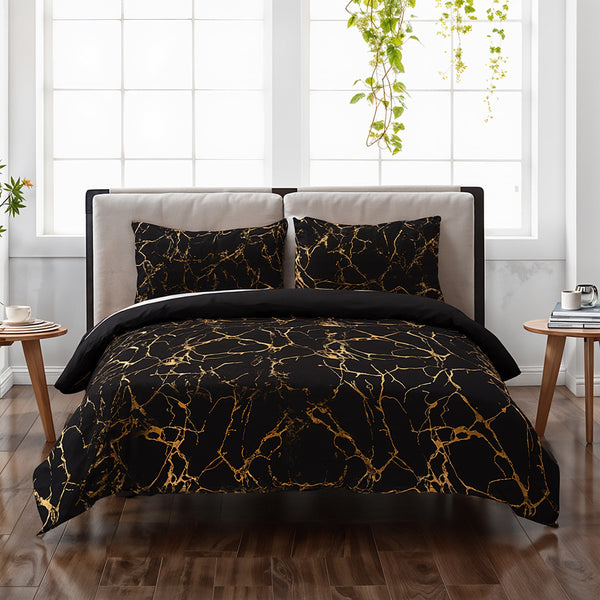 Gold Marble Print Quilt Cover and Pillowcase Bedding Set, Light Luxury High-end Creative Design Bedding Three-piece Set, 2 Pillowcases and 1 Quilt Cover, Soft and Comfortable Bed Three-piece Set for All Seasons, Black