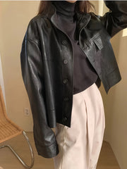 Casual Bag Cover for Women Suitable for Spring, Summer, And Autumn, a Long-Sleeved Retro Motorcycle Jacket Featuring a Three-Dimensional Effect And a Stand-Up Collar Design, Along with a Long-Sleeved Cardigan Top for Women