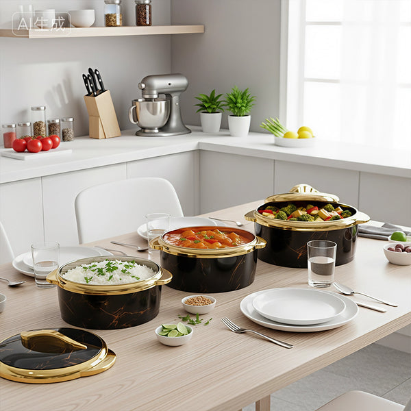 Kitchen Stainless Steel Food Storage Containers 3-Piece Set, Meal Prep Containers with Handles, Marble Pattern, Serving Bowl Set with Lid, White/Black