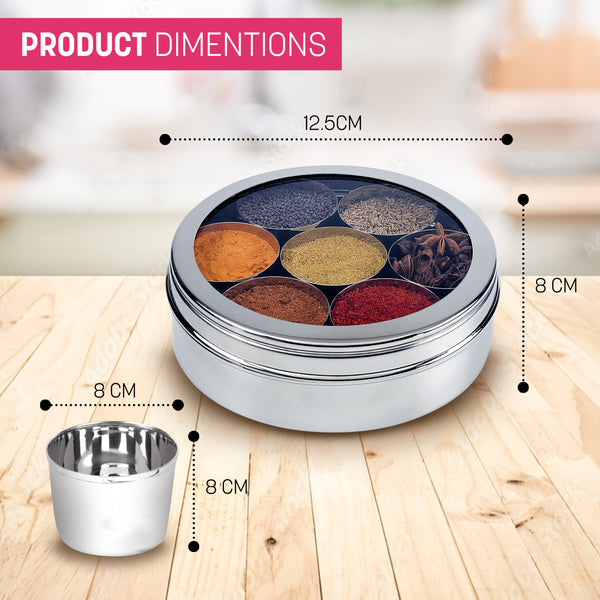 Masala Dabba (Spice Box) | Authentic Indian Style Stainless Steel Masala Dabba | with 7 Removable Compartments & 2 Spoons | See through Lid |