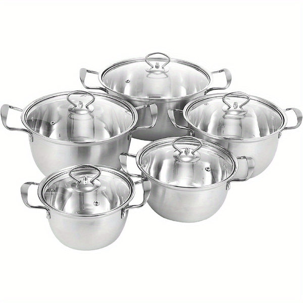5pcs Stainless Steel Pot Professional Induction-Safe Stainless Steel Pot with Glass Lid Not-Sticky Hot Pot Double Ear Soup Pot for Most Hob Types