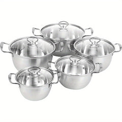 5pcs Stainless Steel Pot Professional Induction-Safe Stainless Steel Pot with Glass Lid Not-Sticky Hot Pot Double Ear Soup Pot for Most Hob Types