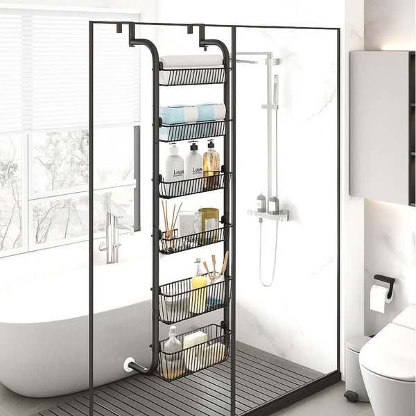 6-Tier Over Door Storage Rack - Heavy Duty Metal Hanging Organizer with Adjustable Shelves 40x150cm for Kitchen Pantry Bathroom - Black