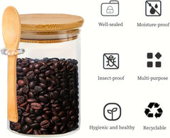 Glass Food Storage Jar,100% Sealed Borosilicate Glass Jars with Bamboo Lid and Bamboo Spoon for Candy, Spices, Coffee Beans, Nuts, Condiments, Cookies, Flour,Tea, 350Ml/12Oz (01)