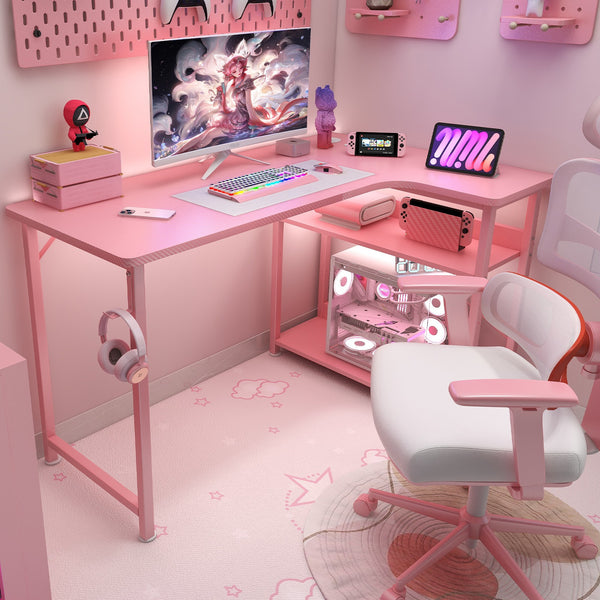 L Shaped Gaming Desk with Power Outlets Corner Computer Desk 110x80CM with Shelves Headphone Hook PC Table Workstation for Home Office Bedroom
