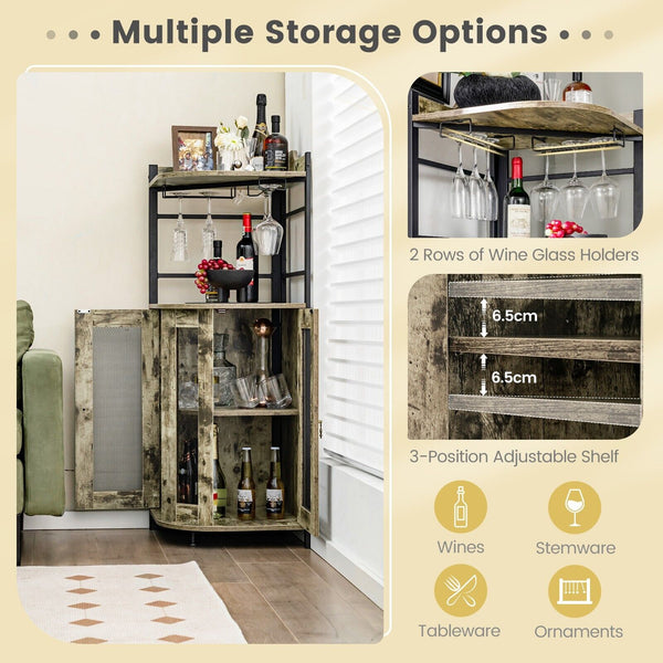 GOFLAME Corner Bar Cabinet Industrial Wine Buffet Cabinet with Glass Holder Mesh Doors