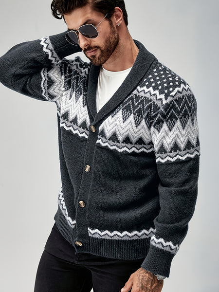 Men's Casual Geometric Pattern Cardigan Sweater - Navy Blue with White and Black Accents, Button-Up Collar, Machine Washable, Polyester for Fall/Winter