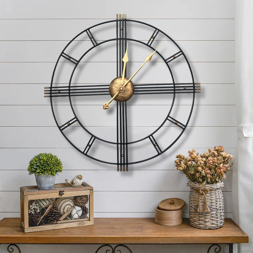 60cm Extra Large Retro Metal Skeleton Wall Clock, Outdoor Garden Clock, European-Style Creative Wrought Iron Round Wall Clock Roman Numerals Silent Non Ticking Unique Unusual Clock, Perfect for Living Room, Bedroom, Kitchen, Garden, Lounge, Hotel, Office