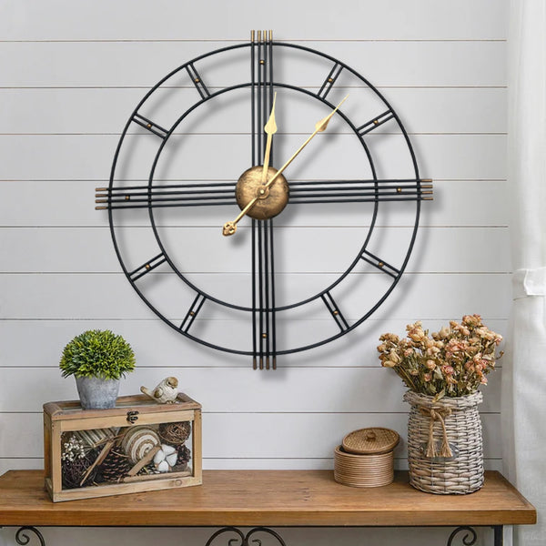 60cm Extra Large Retro Metal Skeleton Wall Clock, Outdoor Garden Clock, European-Style Creative Wrought Iron Round Wall Clock Roman Numerals Silent Non Ticking Unique Unusual Clock, Perfect for Living Room, Bedroom, Kitchen, Garden, Lounge, Hotel, Office