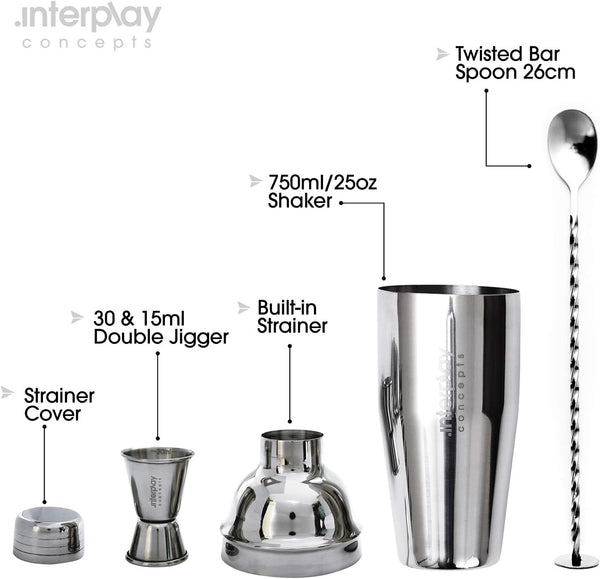 Interplay Concepts 5 Pieces Large 750Ml Stainless Steel Cocktail Shaker Set with Strainer, Jigger and Mixing Spoon, Cocktail Set with Bar Accessories