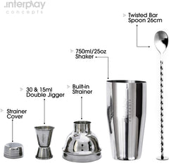 Interplay Concepts 5 Pieces Large 750Ml Stainless Steel Cocktail Shaker Set with Strainer, Jigger and Mixing Spoon, Cocktail Set with Bar Accessories
