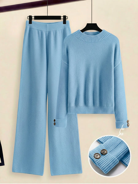 Women's 2pcs Set with Side Stripe| Crewneck Sweater & Relaxed Fit Straight Leg Pants| Soft Loungewear for Spring Autumn | European Casual Y Style