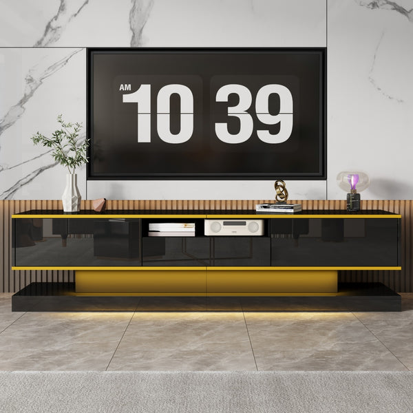 180cm LED TV Stand with 3 Drawers & Open Shelf, High Gloss Modern TV Cabinet with RGB Lights & Gold Trim, PB Board Entertainment Center for Living Room, Gaming & Home Theater - Holds up to 65 Inch TV, Smooth Glide Drawers, Scratch-Resistant, Easy Assembly