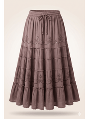 Women’s Vacation Tiered Maxi Skirt Elastic Waist Floral Embroidery Ruffle Hem - 20001
