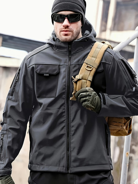 Men'S Fleece Warm Softshell Jacket Outdoor Camping Mountaineering Skiing Hiking Jacket Multi-Pocket Hooded Tactical Coat Autumn And Winter Workwear