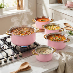Stainless Steel Soup Pot Set (10PCS), Household Milk and Boiling Pots in Multiple Sizes, Ideal for Soup, Noodles and Hot Pot, Gold-Plated Handle, Pink