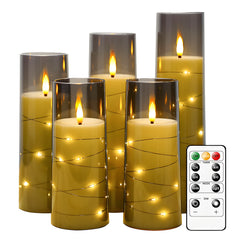 5-Pack LED Flameless Candles with Remote, Battery Operated Flickering Flame Effect Candles with Timer and Embedded String Lights, Realistic Glass Electric Candles for Home Decor