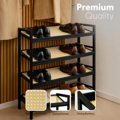 KEPLIN 2/3/4-Tier Bamboo and Rattan Shoe Rack Organizer – Durable, Easy Assembly – Compact Design for Entryway, Closet, or Hallway – Stylish and Functional Storage – Black and Natural