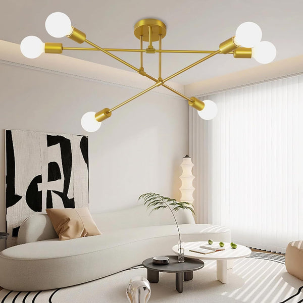 6-Light Modern Gold Sputnik Chandelier, Industrial Semi Flush Mount Ceiling Light Fixture, E27 Hardwired Metal Lamp for Living Room Dining Room