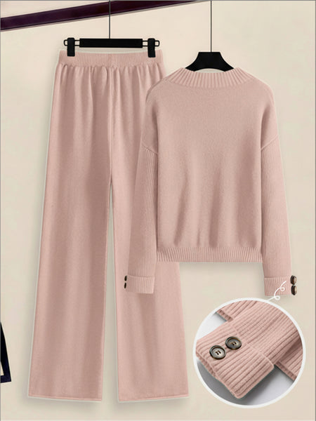 Women's 2pcs Set with Side Stripe| Crewneck Sweater & Relaxed Fit Straight Leg Pants| Soft Loungewear for Spring Autumn | European Casual Y Style