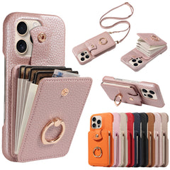 Multi Functional Phone Case for iPhone 17 Pro Max 16 15 14 13 12 11 Faux Leather Accordion Flip Cover with Ring Holder Crossbody Strap Long Lanyard Multi Card Slots Anti Drop