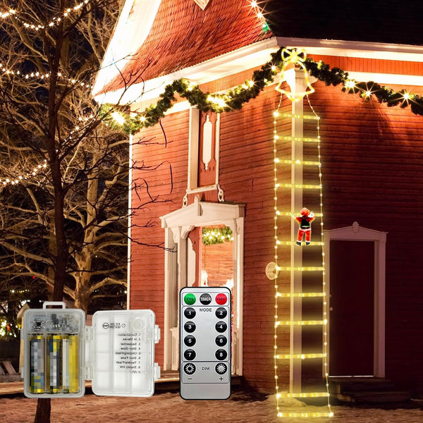Warmwhite Light 3.3M/130IN 218 Leds Rope Ladders with Climbing Santa Christmas Decorations Lights Battery Powered for Indoor Outdoor Xmas Tree Balcony Window Decor
