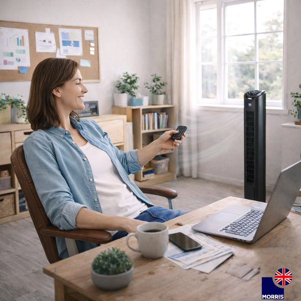 Morris Tower Fan 32 Inch Bladeless Design 3 Speeds Oscillating Remote Control Quiet 45dB for Bedroom Office 7.5H Timer