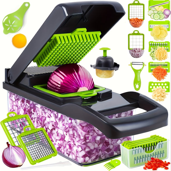 16-In-1 Vegetable Chopper - Multifunctional Manual Food Slicer, Kitchen Vegetable Slicer with Container, Onion, Carrot, Garlic, And Non-Rechargeable Plastic Kitchen Small Tool Set with Drainage Basket