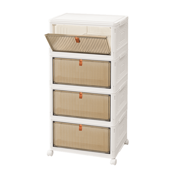 Storage Boxes with Lid - 3/4/5 Tier Plastic Storage Box with Lid, Stackable Storage Boxes with Wheels, Storage Drawers with Front Door, Plastic Box for Home and Office, White